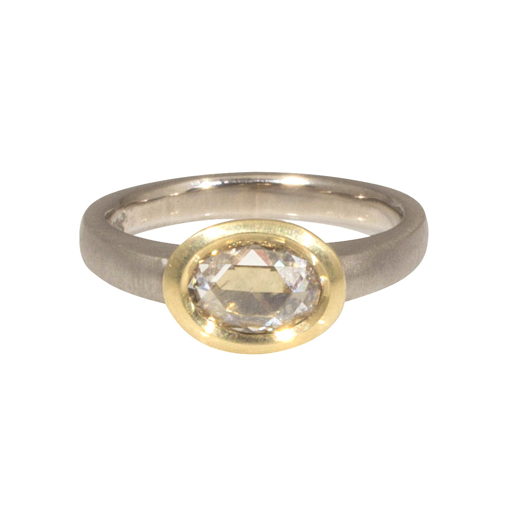 Raised Cup Oval Diamond Ring in 18k Palladium White Gold and Yellow Gold