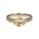 Raised Cup Oval Diamond Ring in 18k Palladium White Gold and Yellow Gold