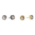 Grey Pearl Post Earrings with Sand Texture in 18k Yellow Gold