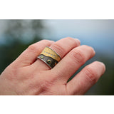 Canvas Cigar Band with Tsavorite Green Garnets and White Diamonds in 22k Gold and Silver