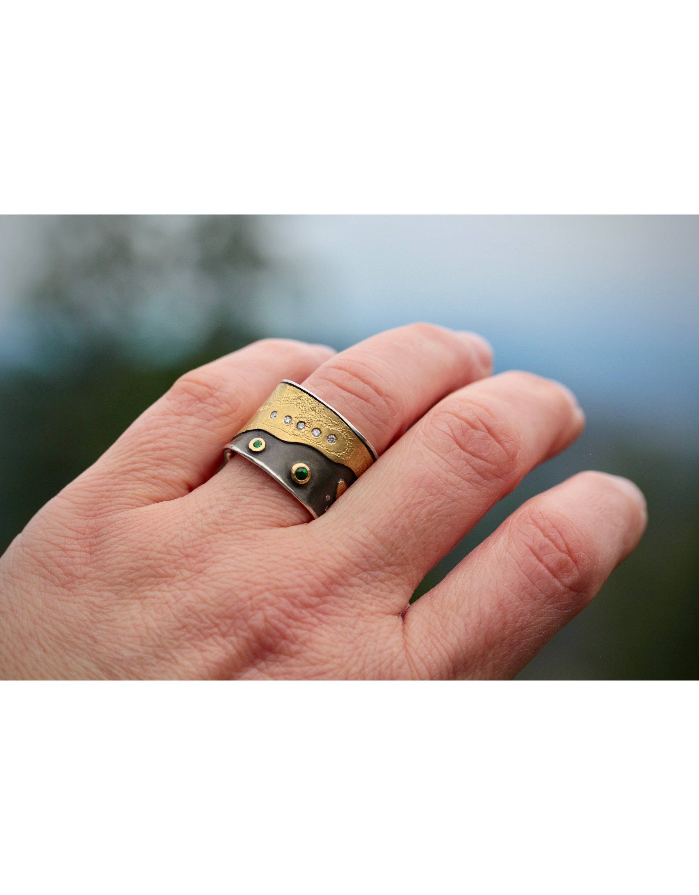 Canvas Cigar Band with Tsavorite Green Garnets and White Diamonds in 22k Gold and Silver
