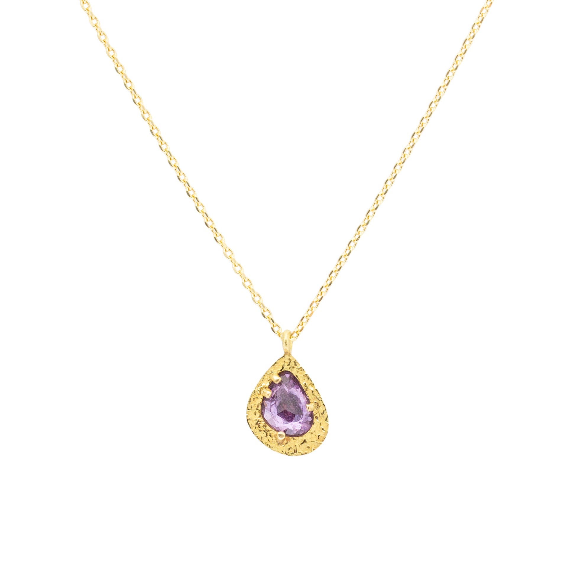 Teardrop Purple Sapphire Pendant in Sand-Textured 18k Yellow Gold