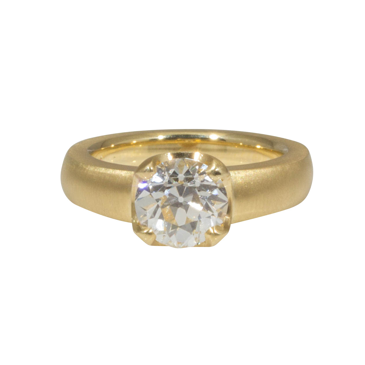 Scooped Prong Set Old European Cut Cushion Diamond in 18k Yellow Gold