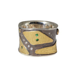 Canvas Cigar Band with Tsavorite Green Garnets and White Diamonds in 22k Gold and Silver