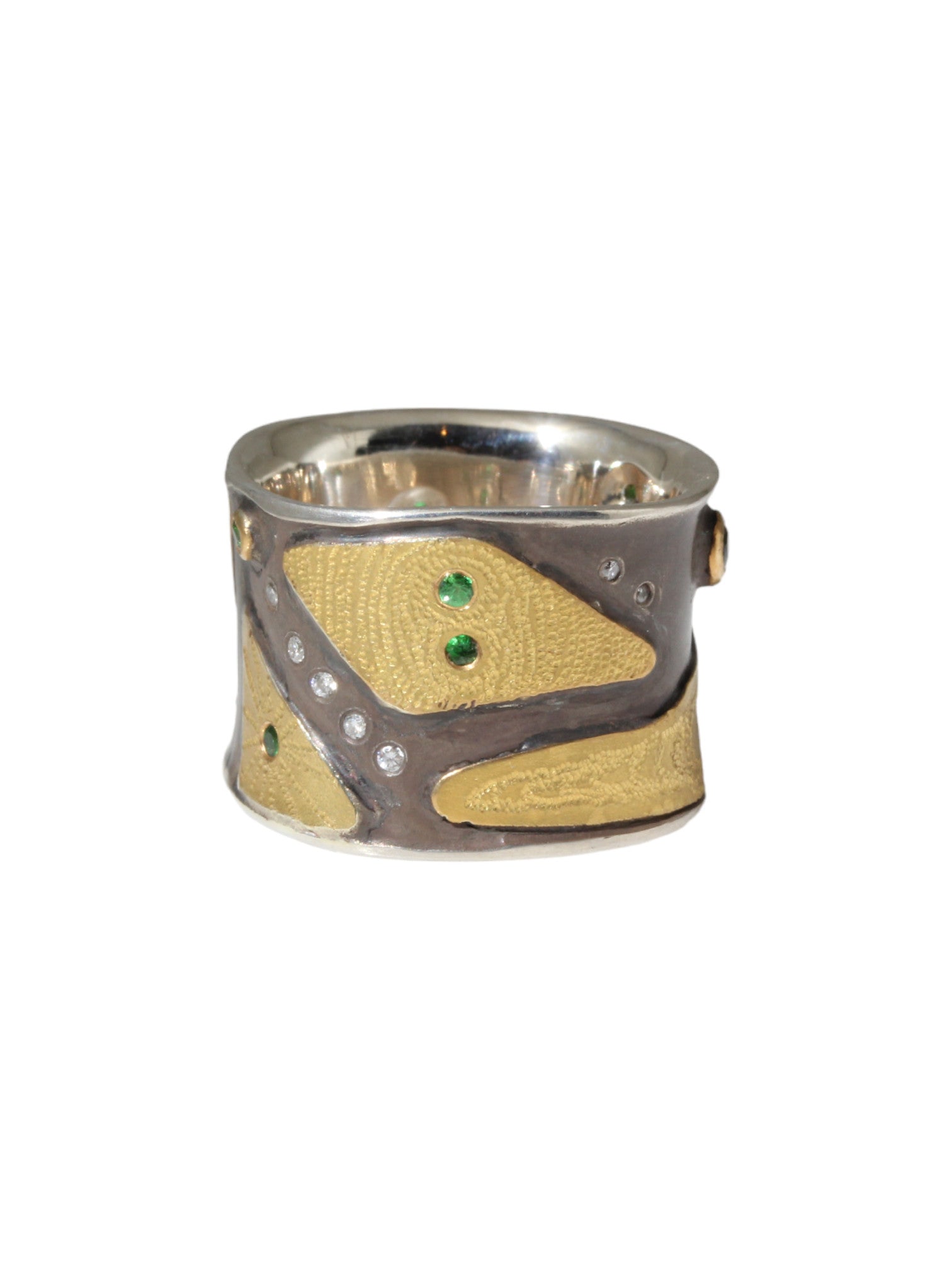 Canvas Cigar Band with Tsavorite Green Garnets and White Diamonds in 22k Gold and Silver