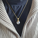 Round Grey Tahitian Pearl Pendant with Sculptural Cap and Bail in 14k Gold