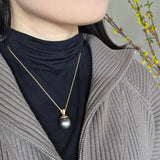Round Grey Tahitian Pearl Pendant with Sculptural Cap and Bail in 14k Gold