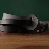 Tapered Black Leather Belt with Antique Brass Rivet Accents