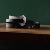 Tapered Black Leather Belt with Antique Brass Rivet Accents