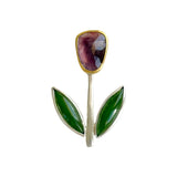 Tulip Brooch with Sapphire & Nephrite Jade in 22k Gold & Silver