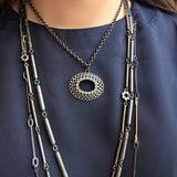 Tubing Necklace with Flower Charms & Diamonds in Oxidized Silver - 31"