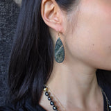 Long Teardrop Rutilated Quartz Earrings with Dark Green Striations in Oxidized Silver