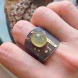 Prehnite Ancient Shield Saddle Ring in Silver and 22k Gold