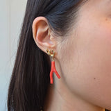Sculpted Branch and Red Coral Post Dangle Earrings with 10k Gold with White diamonds