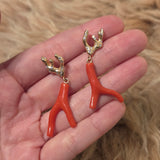 Sculpted Branch and Red Coral Post Dangle Earrings with 10k Gold with White diamonds