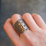 Shield Ring with Sapphires and Red Spinels in Platinum, 22k Gold and Silver