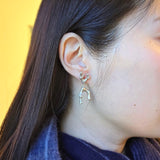 Sculpted Branch Post Dangle Earrings in Brushed Silver with Grey Diamonds