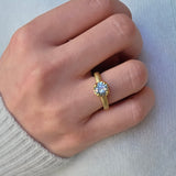 Scooped Prong Round Light Blue Sapphire Ring in 18k Yellow Gold