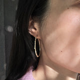 Oval Hoop Post Earrings with Lab White Diamonds in Brushed Silver