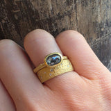Oval Salt & Pepper Rosecut Diamond Solitaire Ring in Sand-Textured 18k Yellow Gold