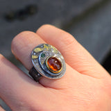 Mandarin Garnet, Emerald & Diamond Ring in Oxidize Silver