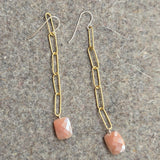 Long Brass Link and Pink Moonstone Dangle Earrings