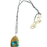 Brass Pendant Necklace with Three Turquoise Beads and Silver Chain