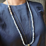 Dumorterite in Quartz 6mm Round Bead Necklace with Sculptural Clasp and Disc Bead in Brushed Silver