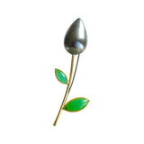 Flower Bud Brooch with Chrysoprase Leaves in 22k Gold, 18k Gold & Silver