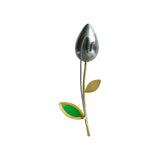 Flower Bud Brooch with Chrysoprase Leaves in 22k Gold, 18k Gold & Silver