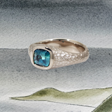 Custom Men's Signet Ring in 18k Palladium White Gold with Teal Sapphire