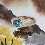 Custom Men's Signet Ring in 18k Palladium White Gold with Teal Sapphire