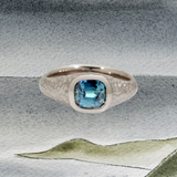 Custom Men's Signet Ring in 18k Palladium White Gold with Teal Sapphire