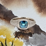 Custom Men's Signet Ring in 18k Palladium White Gold with Teal Sapphire
