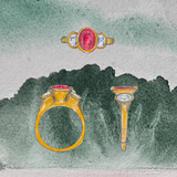 Custom Three Stone Engagement Ring in 18k Yellow Gold with Ruby and Diamonds