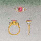 Custom Three Stone Engagement Ring in 18k Yellow Gold with Ruby and Diamonds