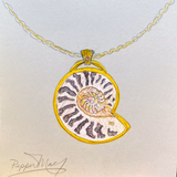 Custom Ancient Fossil Pendant in 14k Yellow Gold with Lime Sapphire