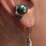 Hidden Planet Pearl Ear Cuff in Oxidized Silver