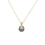 Round Grey Tahitian Pearl Pendant with Sculptural Cap and Bail in 14k Gold