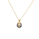 Round Grey Tahitian Pearl Pendant with Sculptural Cap and Bail in 14k Gold
