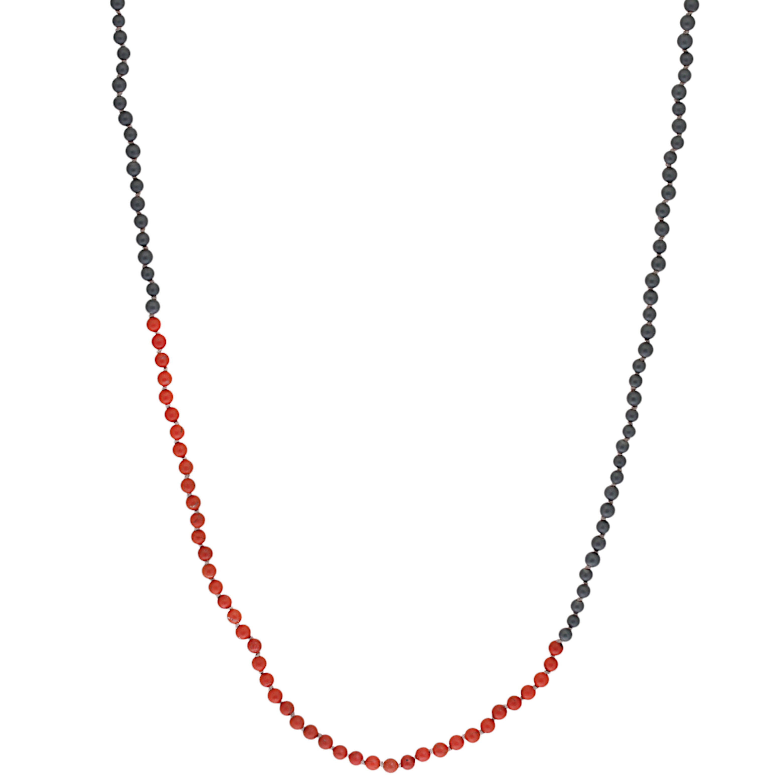 Matte Hematite and Red Poppy Jasper Bead Color Block Necklace with