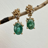 Emerald and Grey Diamond Drop Earrings in 14k Yellow Gold