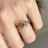 Emerald Cut Champagne Diamond Ring with Granules in 14k Yellow Gold