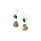 Rough Dioptase and Pyrite Druzy Earrings in 18k Gold