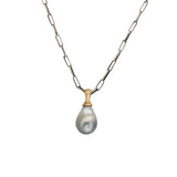 Light Silver Grey Baroque Tahitian Pearl Pendant with Sculptural Bail Cap in 14k Gold