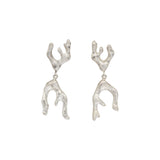 Sculpted Branch Post Dangle Earrings in Brushed Silver with Grey Diamonds