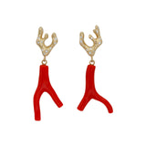 Sculpted Branch and Red Coral Post Dangle Earrings with 10k Gold with White diamonds