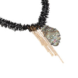 Necklace with Black Glass, abalone & gold plated chain