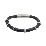 Thick Leather Bracelet with Silver Rings and Stainless Steel Clasp