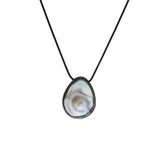 Teardrop Shaped Dome Pearl Pendant Necklace in Oxidized Silver